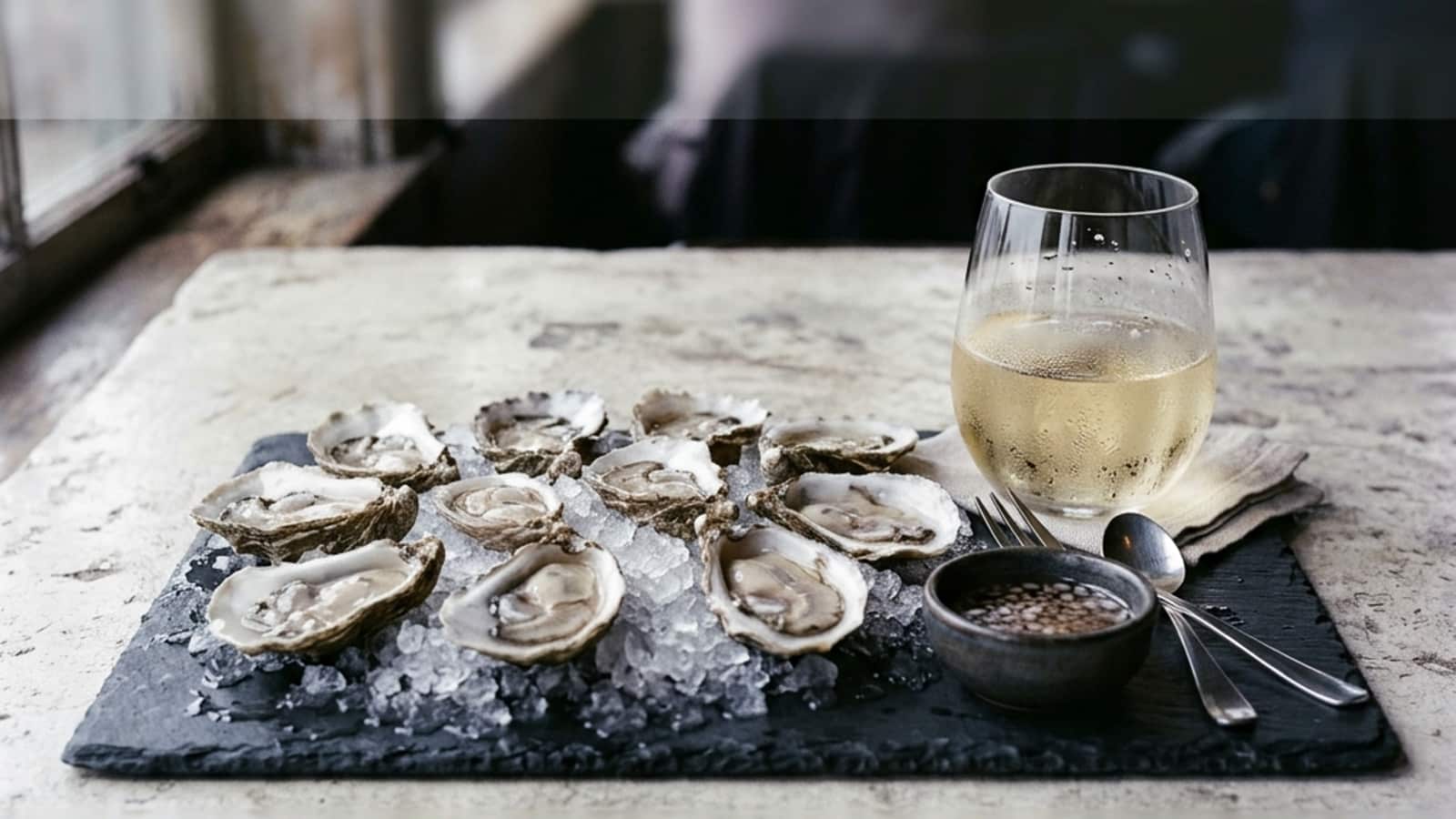 Freshly shucked oysters on ice beside a chilled glass of white wine