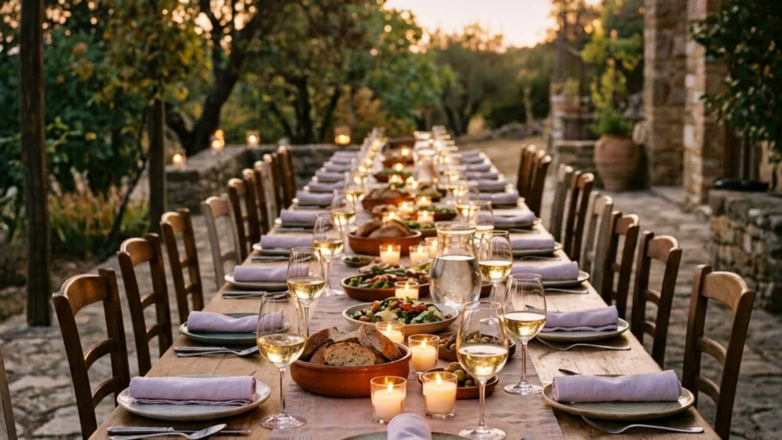 A long dinner table set for many guests, glasses filled at every place