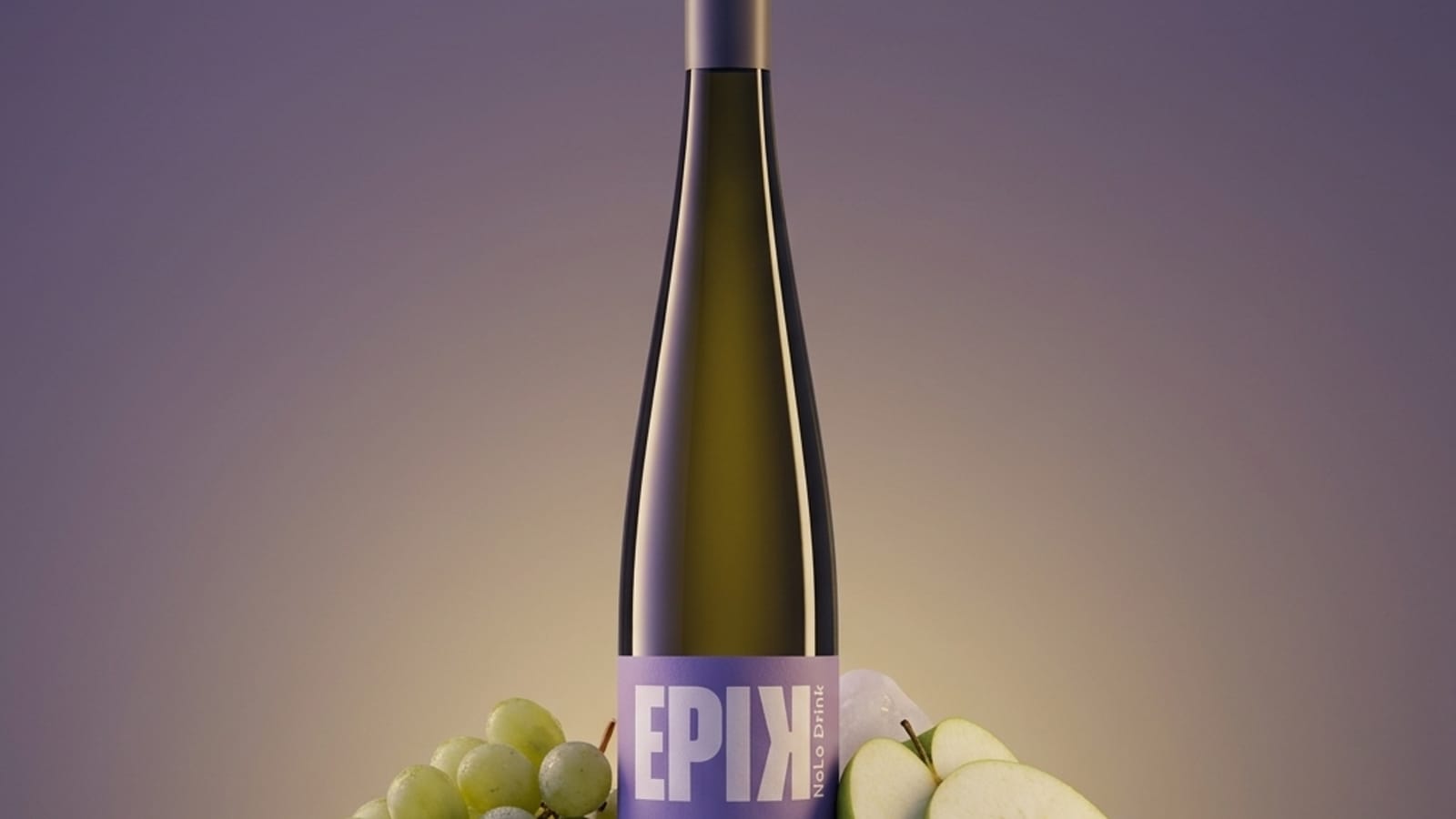 Two bottles of dealcoholized wine against a pale violet background